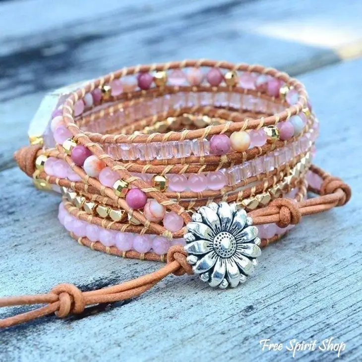 Leather wrap bracelet - Ivory and Pink - Folksy
